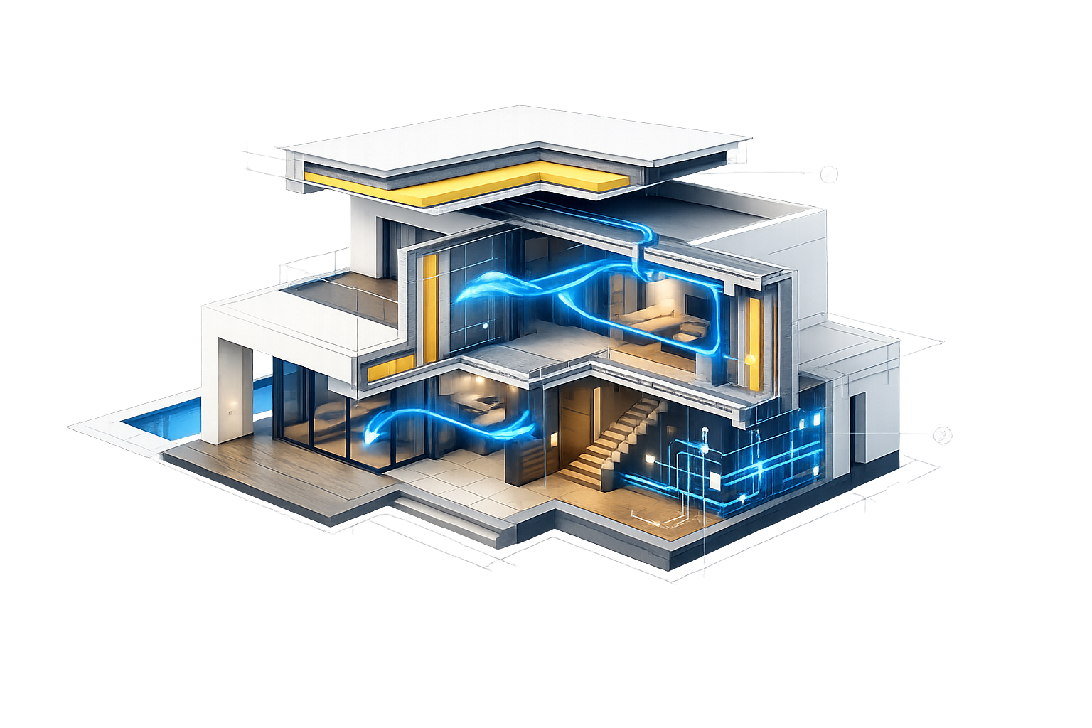 Villa technique en coupe — isolation thermique, climatisation et réseau électrique